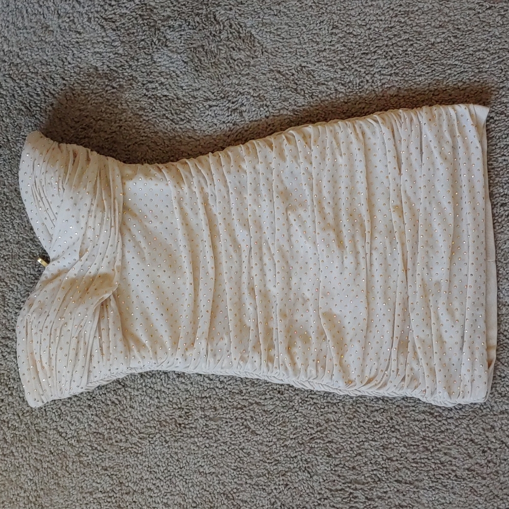 Bebe gold stud sparkly strapless mini dress beige mesh - Picture 6 of 10